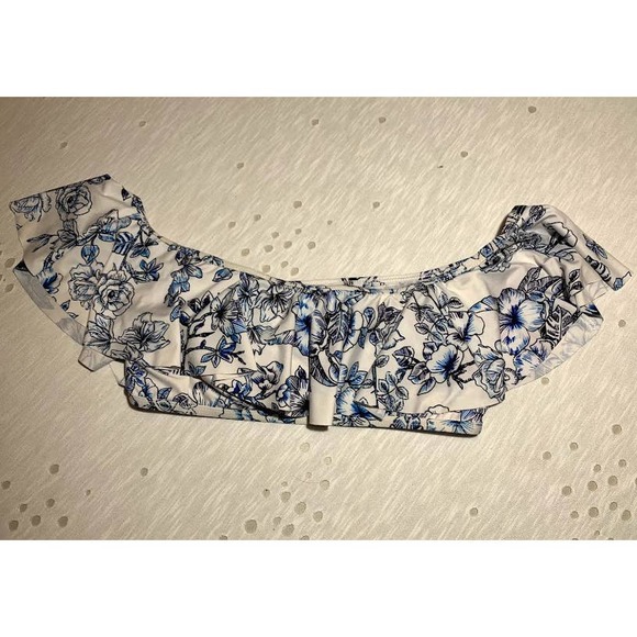 Athena Swim Floral Ruffle Swimsuit Top Size 8 Medium White & Blue - Picture 2 of 4
